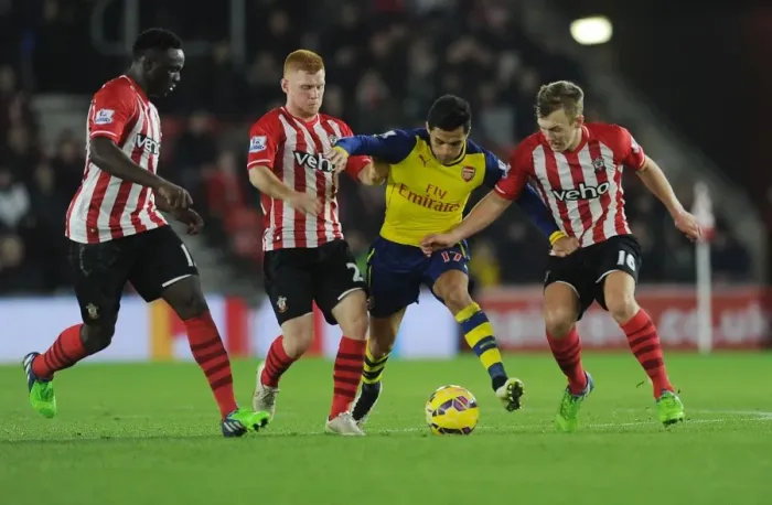 Framed Print : Sanchez vs. Southampton Trio: Intense Clash at St. Mary's