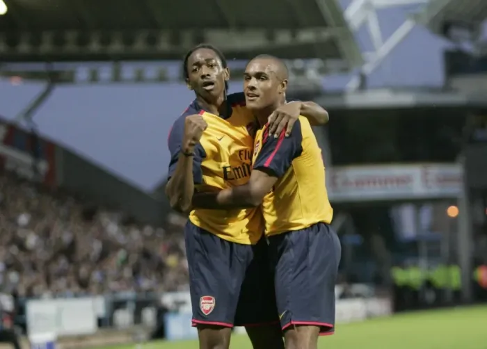 Framed Print : Sanchez Watt and Jay Simpson: Celebrating Arsenal's First Goal in Pre-Season Friendly against Huddersfield (August 6, 2008) Framed Print : Sanchez Watt and Jay Simpson: Celebrating Arsenal's First Goal in Pre-Season Friendly against Huddersfield (August 6, 2008)