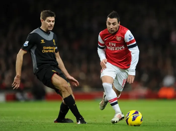 Framed Print : Santi Cazorla (Arsenal) Steven Gerrard (Liverpool). Arsenal 2: 2 Liverpool. Barclays Premier League Framed Print : Santi Cazorla (Arsenal) Steven Gerrard (Liverpool). Arsenal 2: 2 Liverpool. Barclays Premier League