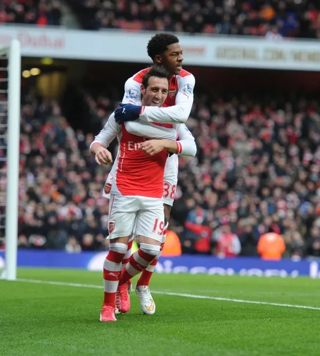 Framed Print : Santi Cazorla and Chuba Akpom Celebrate Arsenal's Fourth Goal Against Aston Villa (2015)