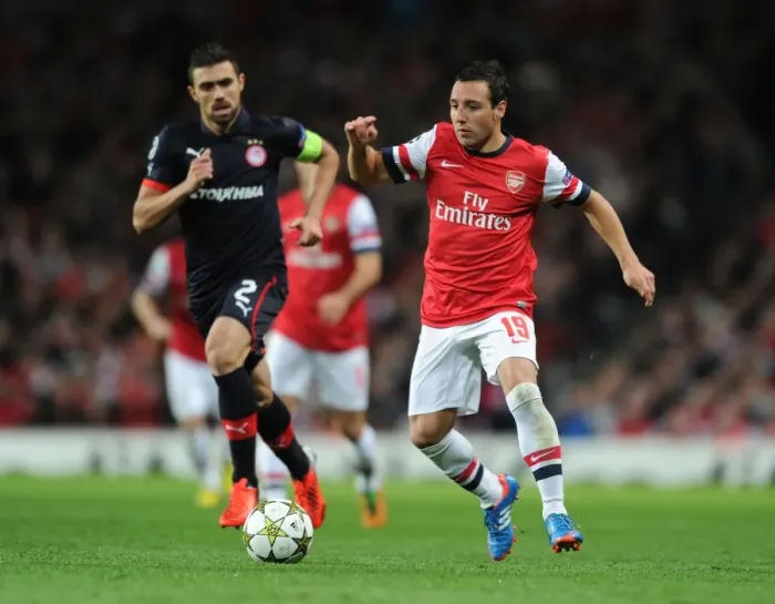 Framed Print : Santi Cazorla Outmaneuvers Giannis Maniatis: Arsenal FC vs Olympiacos FC, UEFA Champions League, 2012