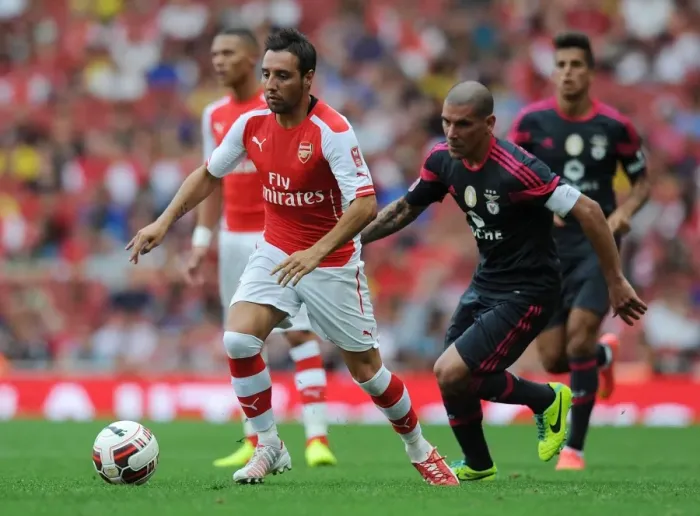 Framed Print : Santi Cazorla Outmaneuvers Maxi Pereira: Arsenal vs Benfica, Emirates Cup 2014