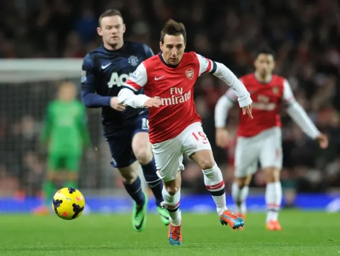 Framed Print : Santi Cazorla Outmaneuvers Wayne Rooney: Arsenal vs Manchester United, Premier League 2013-14