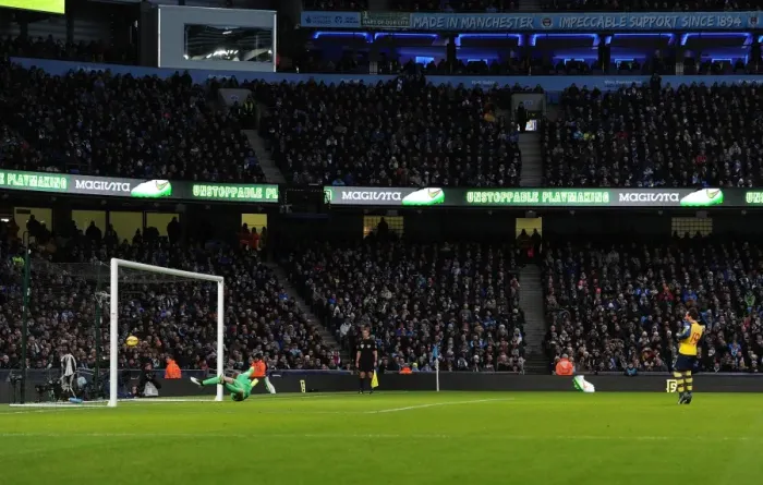 Framed Print : Santi Cazorla Scores Penalty Against Manchester City: Arsenal vs. Manchester City, Premier League 2014-15