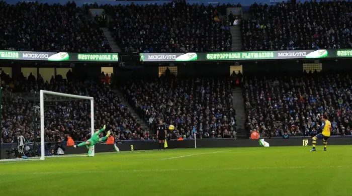Framed Print : Santi Cazorla Scores Penalty Past Joe Hart: Manchester City vs Arsenal, Premier League 2014-15 Framed Print : Santi Cazorla Scores Penalty Past Joe Hart: Manchester City vs Arsenal, Premier League 2014-15