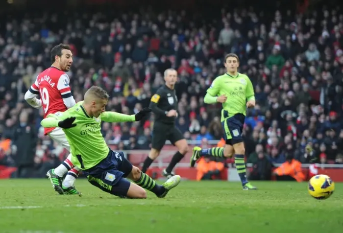 Framed Print : Santi Cazorla Scores Under Pressure: Arsenal vs Aston Villa, Premier League 2012-13 Framed Print : Santi Cazorla Scores Under Pressure: Arsenal vs Aston Villa, Premier League 2012-13