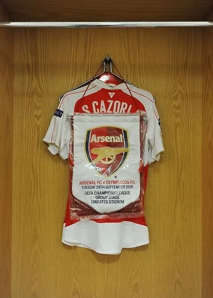 Santi Cazorla's Arsenal FC Changing Room: Shirt and Match Pennant (Arsenal vs. Olympiacos, UEFA Champions League, 2015 / 16)