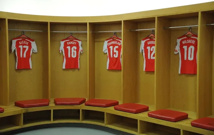 Framed Print : Behind the Scenes: Arsenal Football Club's Changing Room before Arsenal v Benfica (2014-15)