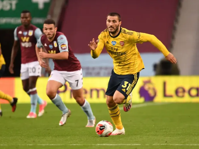 Framed Print : Sead Kolasinac of Arsenal in Action against Aston Villa in the Premier League (2019-20)