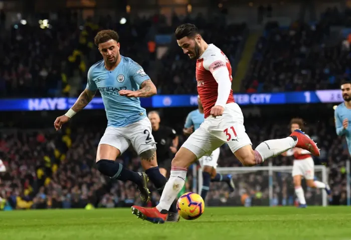 Framed Print : Sead Kolasinac Faces Kyle Walker: Manchester City vs. Arsenal, Premier League 2018-19