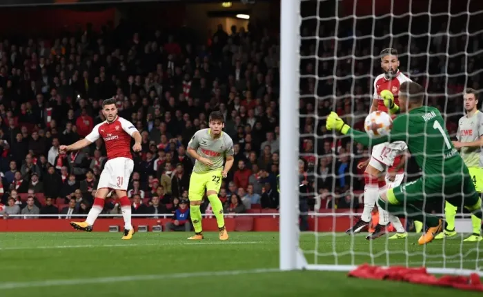 Framed Print : Sead Kolasinac Scores First Arsenal Goal Against 1. FC Koeln in Europa League (2017)
