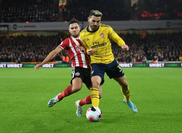 Framed Print : Sead Kolasinac vs George Baldock: A Battle at Bramall Lane - Sheffield United vs Arsenal, Premier League 2019-20