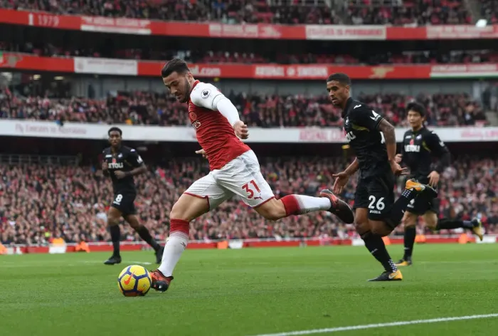 Framed Print : Sead Kolasinac vs Kyle Naughton: A Battle at the Emirates - Arsenal v Swansea City, Premier League 2017-18