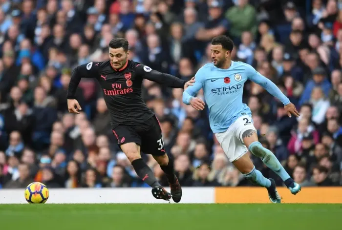 Framed Print : Sead Kolasinac vs. Kyle Walker: Battle at the Etihad - Manchester City vs. Arsenal, Premier League 2017-18