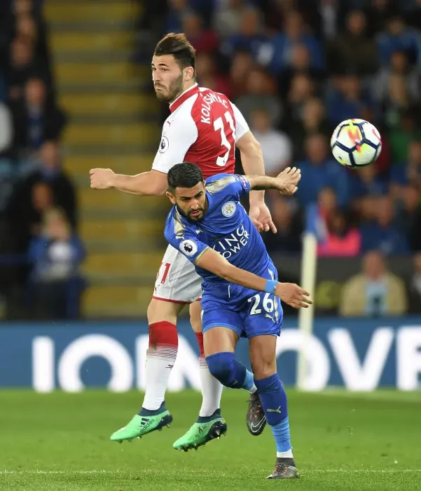 Framed Print : Sead Kolasinac vs Riyad Mahrez: Intense Battle in Leicester City vs Arsenal Premier League Clash