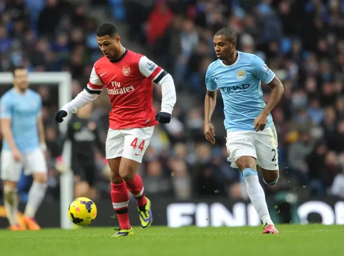 Framed Print : Serge Gnabry (Arsenal) Fernandinho (Man City). Manchester City 6: 3 Arsenal. Barclays Premier League