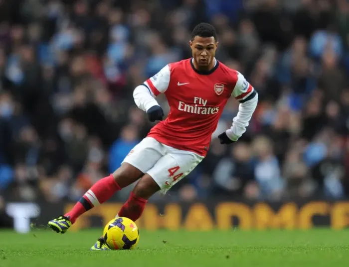 Framed Print : Serge Gnabry (Arsenal). Manchester City 6: 3 Arsenal. Barclays Premier League. Etihad Stadium