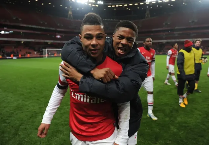 Framed Print : Serge Gnabry and Chuba Akpom (Arsenal) after the match. Arsenal U19 1: 0 CSKA Moscow U19