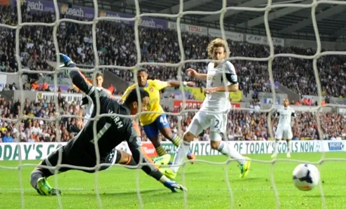 Framed Print : Serge Gnabry Scores First Arsenal Goal Against Swansea City: Strikes Past Michel Vorm, 2013-14 Framed Print : Serge Gnabry Scores First Arsenal Goal Against Swansea City: Strikes Past Michel Vorm, 2013-14