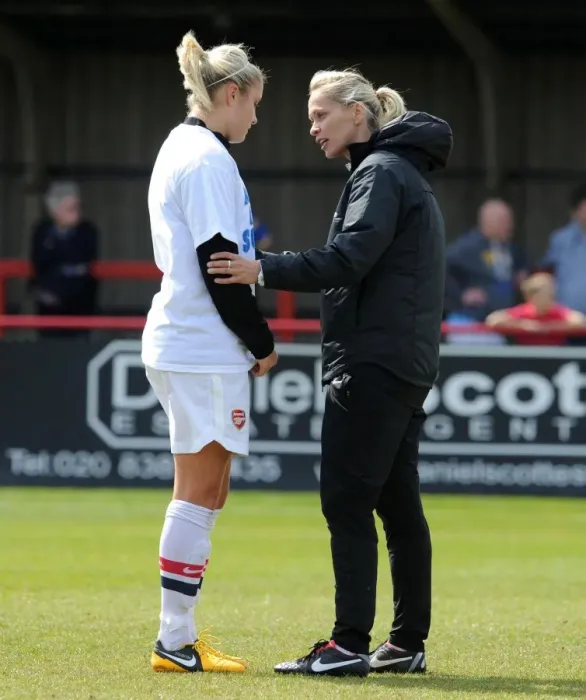 Framed Print : Shelley Kerr and Steph Houghton: Pre-Match Conversation between Arsenal Ladies FC and VfL Wolfsburg in UEFA Women's Champions League Semi-Final