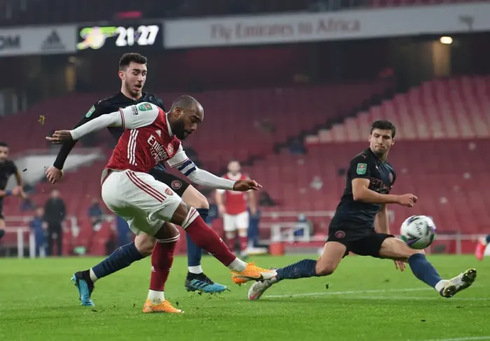 Framed Print : Showdown at Emirates: Lacazette vs Laporte & Dias - Arsenal vs Manchester City Carabao Cup Clash