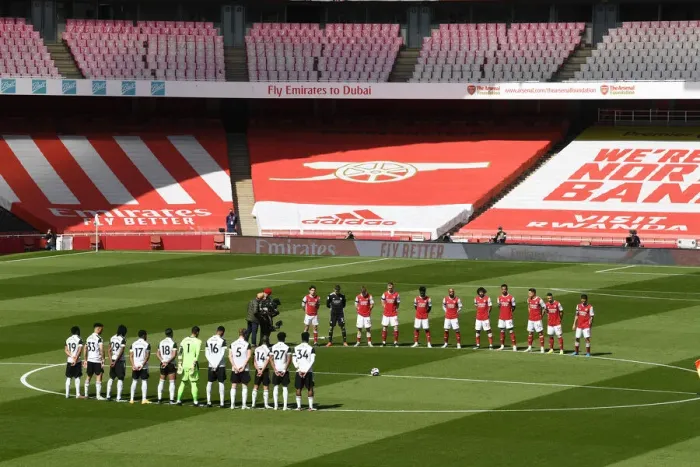 Framed Print : Silent Tribute: Arsenal and Fulham Honor Prince Philip at Empty Emirates Stadium (April 2021, Premier League)