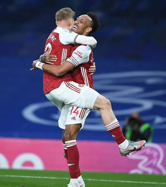 Smith Rowe and Aubameyang: A Dynamic Duo Celebrates a Goal for Arsenal at Stamford Bridge, 2020-21 Premier League