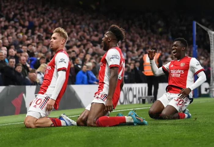 Framed Print : Smith Rowe, Tavares, and Nketiah: Arsenal's Dynamic Duo Celebrate Goals Against Chelsea (April 2022)
