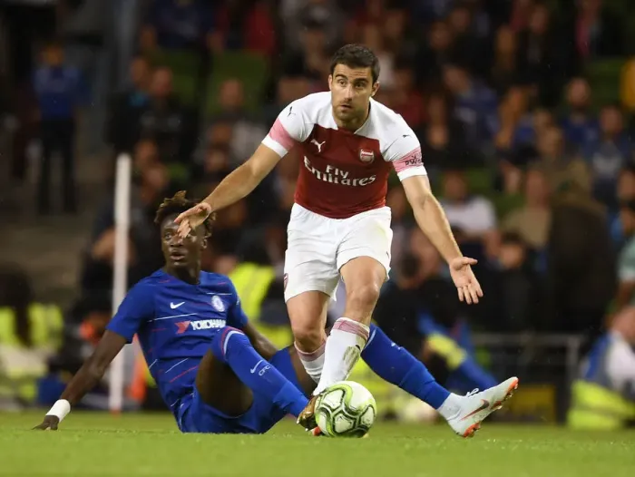 Framed Print : Sokratis in Action: Arsenal vs. Chelsea Clash, 2018 International Champions Cup, Dublin