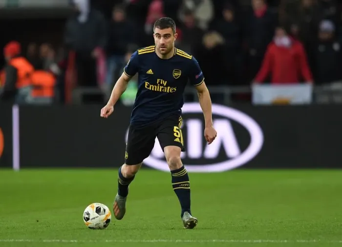 Framed Print : Sokratis of Arsenal in Action against Standard Liege in UEFA Europa League Group Stage, Liege, Belgium (December 2019)