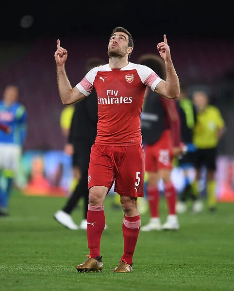 Sokratis of Arsenal Reacts after Napoli v Arsenal UEFA Europa League Quarterfinal
