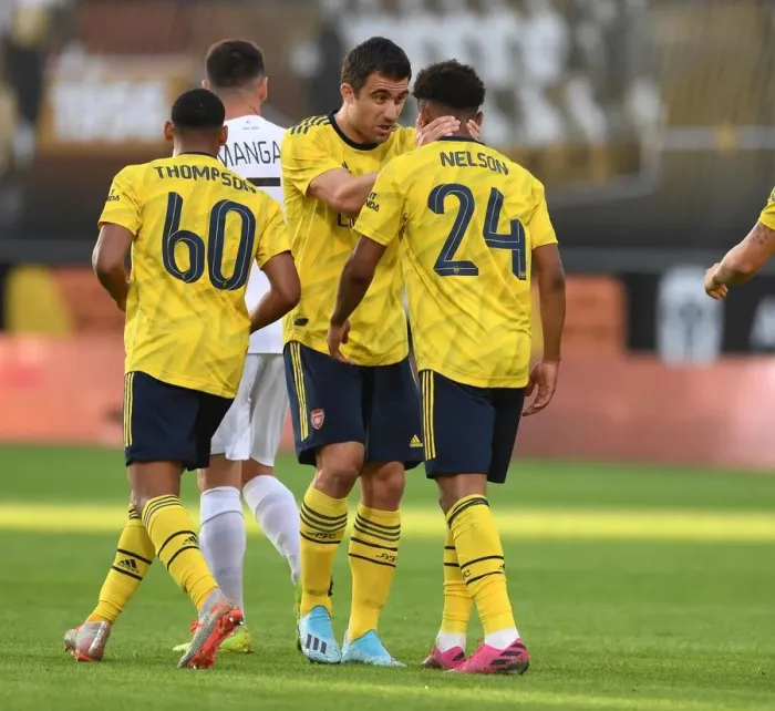 Framed Print : Sokratis Celebrates Reiss Nelson's Goal: Angers vs Arsenal Pre-Season Friendly, 2019