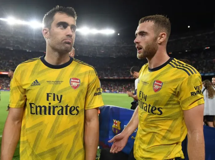 Framed Print : Sokratis and Chambers: Arsenal's Defensive Duo Reflect After FC Barcelona Friendly Framed Print : Sokratis and Chambers: Arsenal's Defensive Duo Reflect After FC Barcelona Friendly