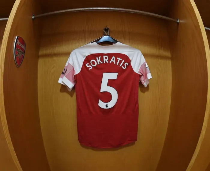 Framed Print : Sokratis Hanging Jersey: Arsenal vs Manchester City, Premier League 2018-19