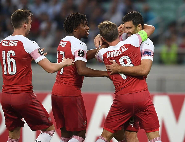Sokratis, Holding, Monreal, and Iwobi Celebrate Arsenal's First Goal Against Qarabag in Europa League