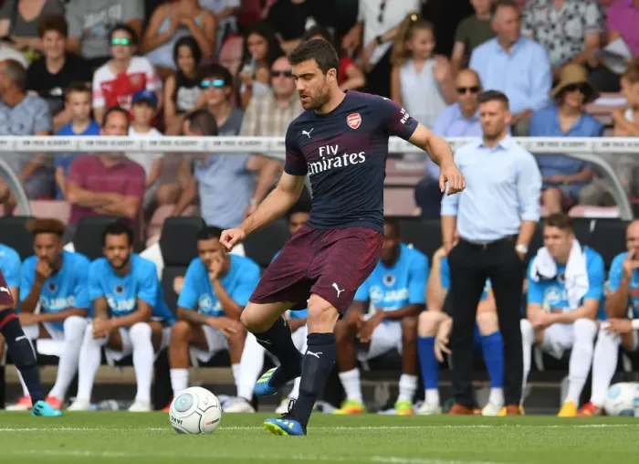 Framed Print : Sokratis Papastathopoulos of Arsenal in Pre-Season Action against Borehamwood (2018)