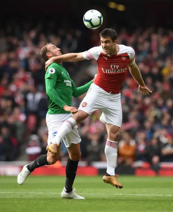 Framed Print : Sokratis vs Murray: Intense Heading Battle at Arsenal vs Brighton Premier League Match