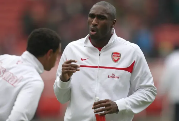 Framed Print : Sol Campbell talks to Francis Coquelin (Arsenal) before the match. Stoke City 3: 1 Arsenal