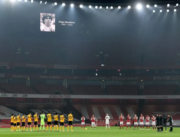 Framed Print : Solemn Tribute: Arsenal vs. Wolverhampton Wanderers - A Empty Emirates Stadium Honors Diego Maradona, Premier League 2020-21 Framed Print : Solemn Tribute: Arsenal vs. Wolverhampton Wanderers - A Empty Emirates Stadium Honors Diego Maradona, Premier League 2020-21