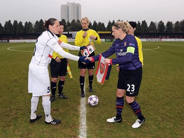 Sportsmanship at its Finest: Kelly Smith and Elisabetta Tona's Pre-Match Handshake, Arsenal Ladies vs. ASD Torres CF, UEFA Women's Champions League Quarterfinal