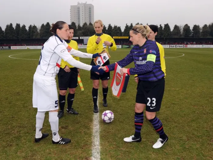 Framed Print : Sportsmanship at its Finest: Kelly Smith and Elisabetta Tona's Pre-Match Handshake, Arsenal Ladies vs. ASD Torres CF, UEFA Women's Champions League Quarterfinal Framed Print : Sportsmanship at its Finest: Kelly Smith and Elisabetta Tona's Pre-Match Handshake, Arsenal Ladies vs. ASD Torres CF, UEFA Women's Champions League Quarterfinal