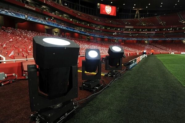 Spotlights are shone around the stadium before the match. Arsenal 2: 1 Barcelona