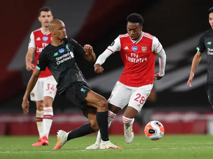 Framed Print : Empty Stadium Showdown: Willock vs. Fabinho - Arsenal vs. Liverpool, Premier League 2019-2020