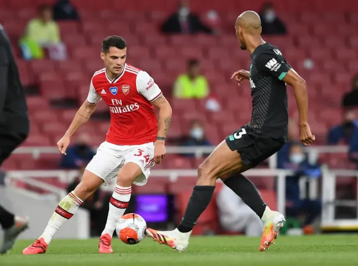 Framed Print : Empty Stadium Showdown: Xhaka vs. Fabinho - Arsenal vs. Liverpool, Premier League 2019-2020 Framed Print : Empty Stadium Showdown: Xhaka vs. Fabinho - Arsenal vs. Liverpool, Premier League 2019-2020