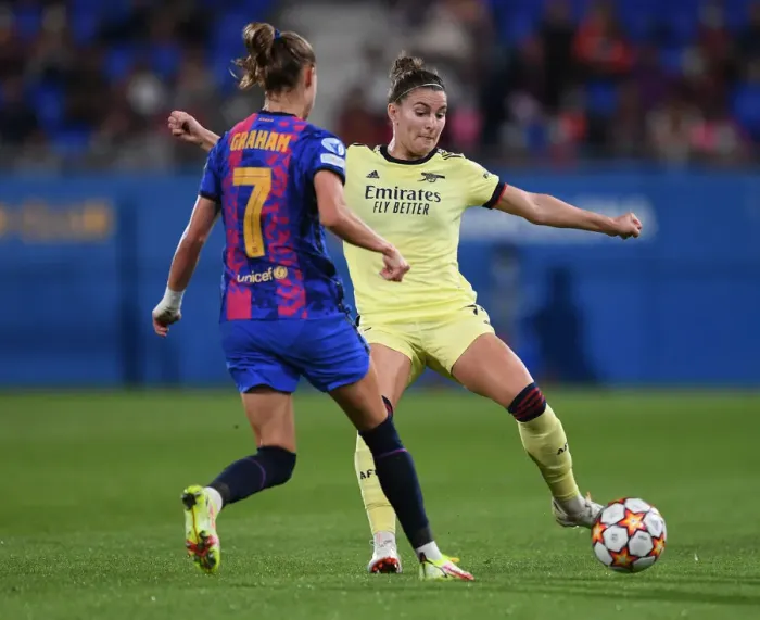 Framed Print : Steph Catley vs Caroline Graham Hansen: Battle in the UEFA Women's Champions League - Arsenal vs FC Barcelona Framed Print : Steph Catley vs Caroline Graham Hansen: Battle in the UEFA Women's Champions League - Arsenal vs FC Barcelona