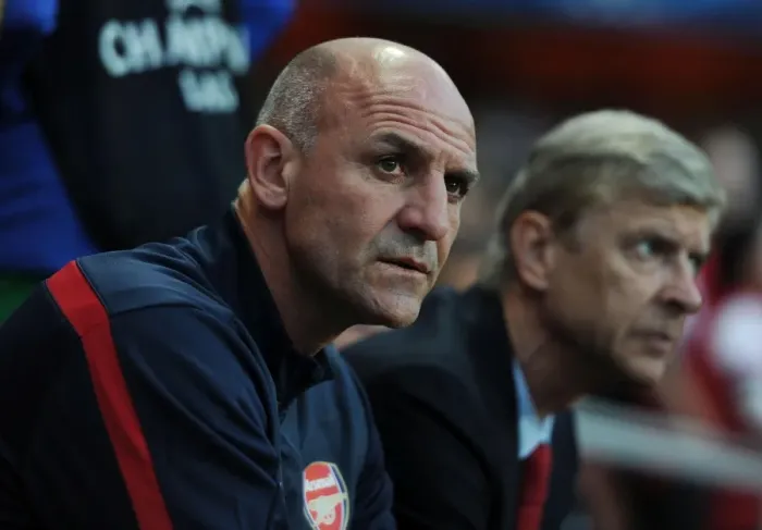 Framed Print : Steve Bould: Focused at the Emirates - Arsenal FC vs Fenerbahce SK, UEFA Champions League Play-offs (2013)