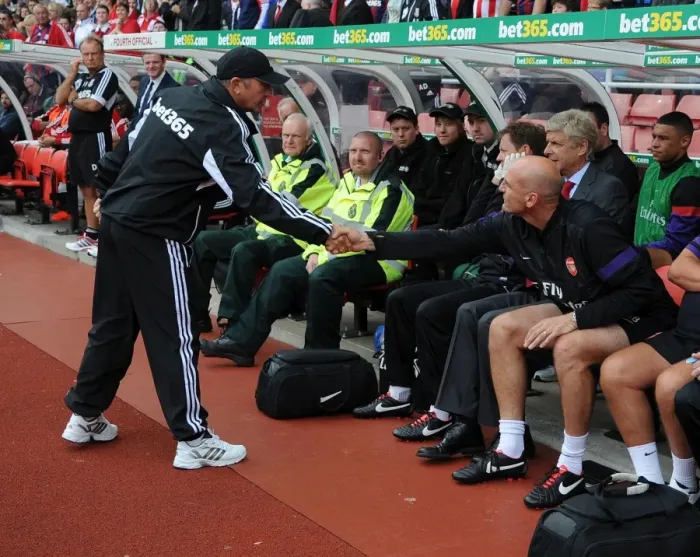 Framed Print : Steve Bould and Tony Pulis: Pre-Match Handshake - Stoke City vs Arsenal, 2012-13 Premier League