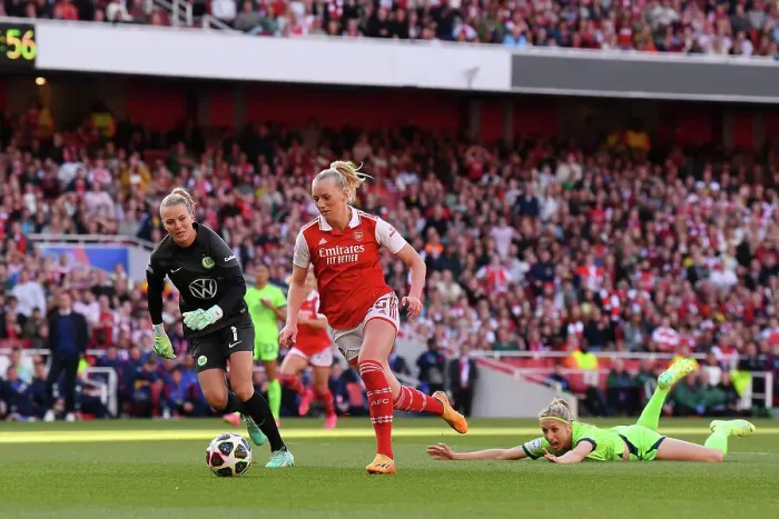 Framed Print : Stina Blackstenius Scores Historic First Goal for Arsenal in Champions League Semifinal vs. VfL Wolfsburg Framed Print : Stina Blackstenius Scores Historic First Goal for Arsenal in Champions League Semifinal vs. VfL Wolfsburg