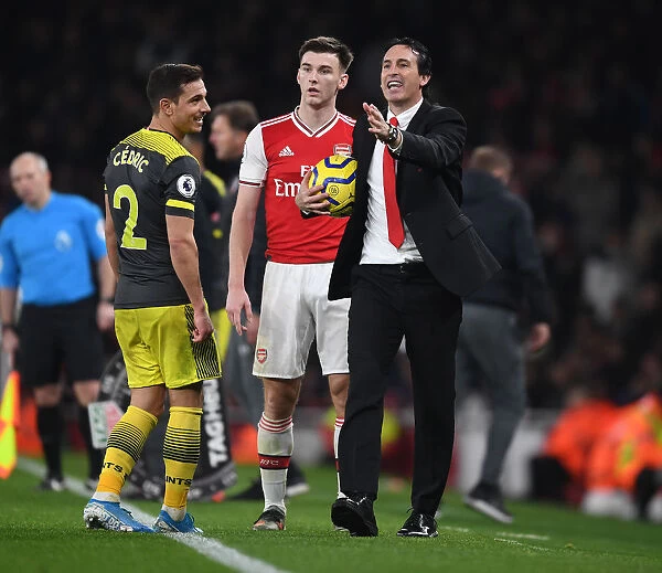 Strategic Talks: Unai Emery and Kieran Tierney at Arsenal's Touchline during Arsenal vs Southampton, 2019-20 Premier League