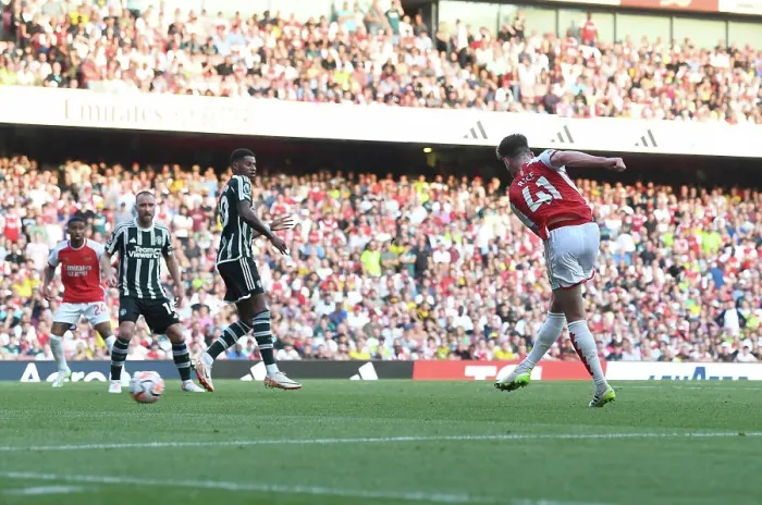 Framed Print : Surprise Goal: Declan Rice Stuns Manchester United with a Strike for Arsenal (2023-24) Framed Print : Surprise Goal: Declan Rice Stuns Manchester United with a Strike for Arsenal (2023-24)